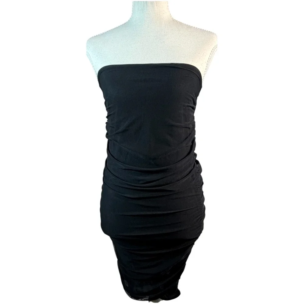 Day & Night Strapless Dress‎ Womens Small Black Ruched Bodycon Mini Mesh